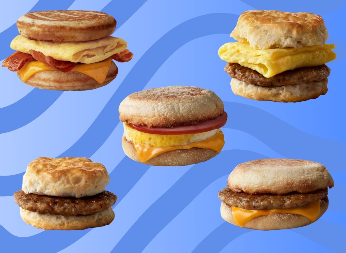 An array of McDonald's breakfast sandwiches set against a colorful swirly background