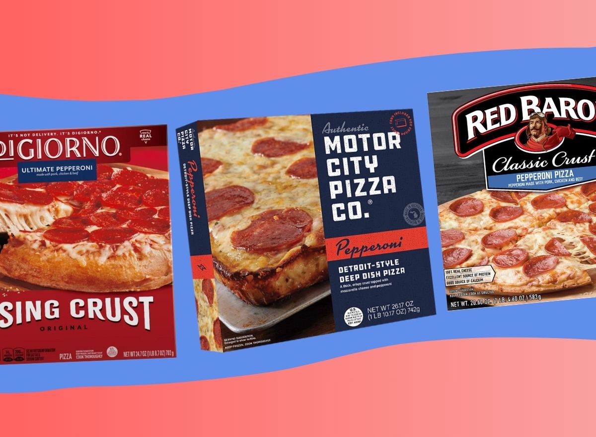 A trio of popular frozen pepperoni pizza brands set against a colorful backgorund.