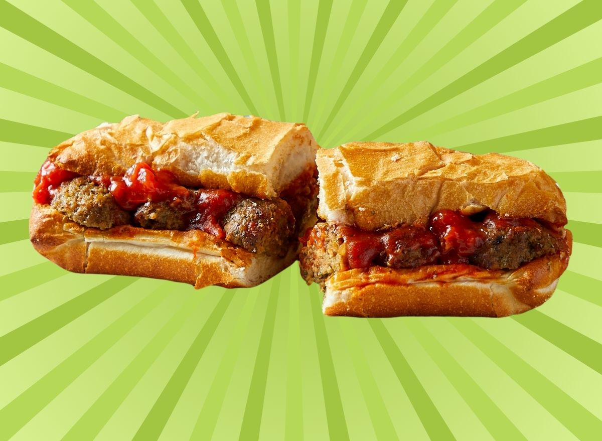 Mama's Meatball sub from Potbelly Sandwich Works set against a vibrant background.