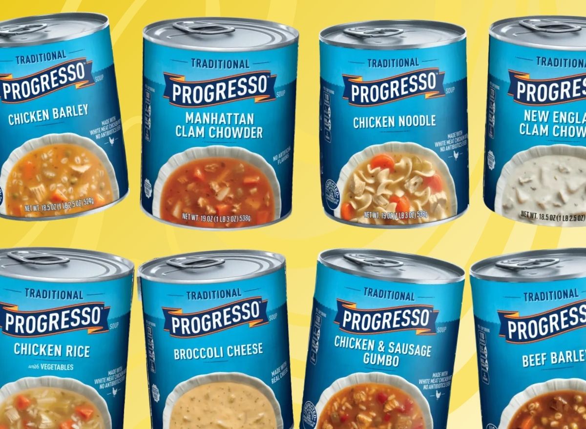 An array of Progresso canned soups set against a colorful background