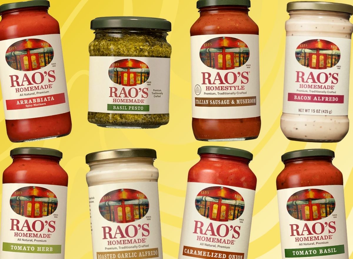 An array of Rao's brand pasta sauces set against a vibrant swirly background.