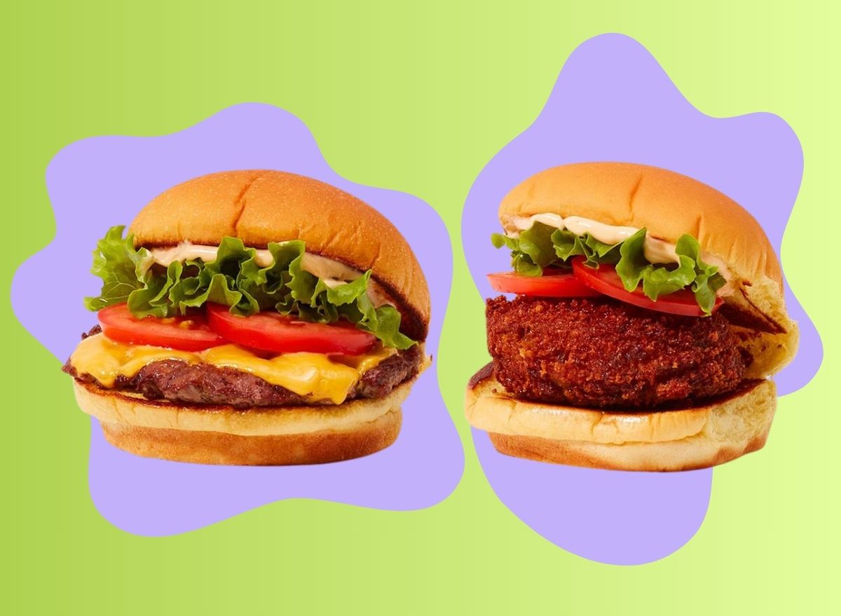 A pair of burgers from Shake Shack set against a colorful background