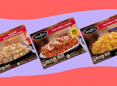 A trio of Stouffer's brand frozen pasta dinners set against a colorful background.