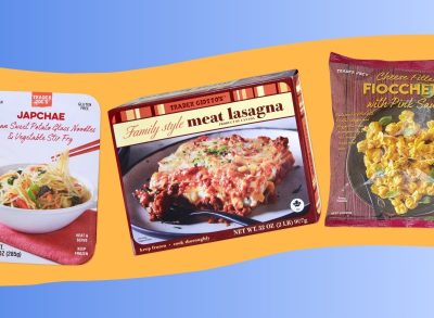 A trio of popular frozen meals from Trader Joe's set against a colorful background.