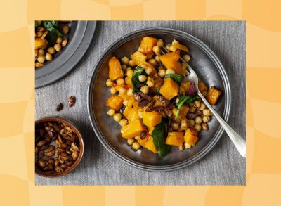 plated butternut squash chickpea salad with pumpkin seeds