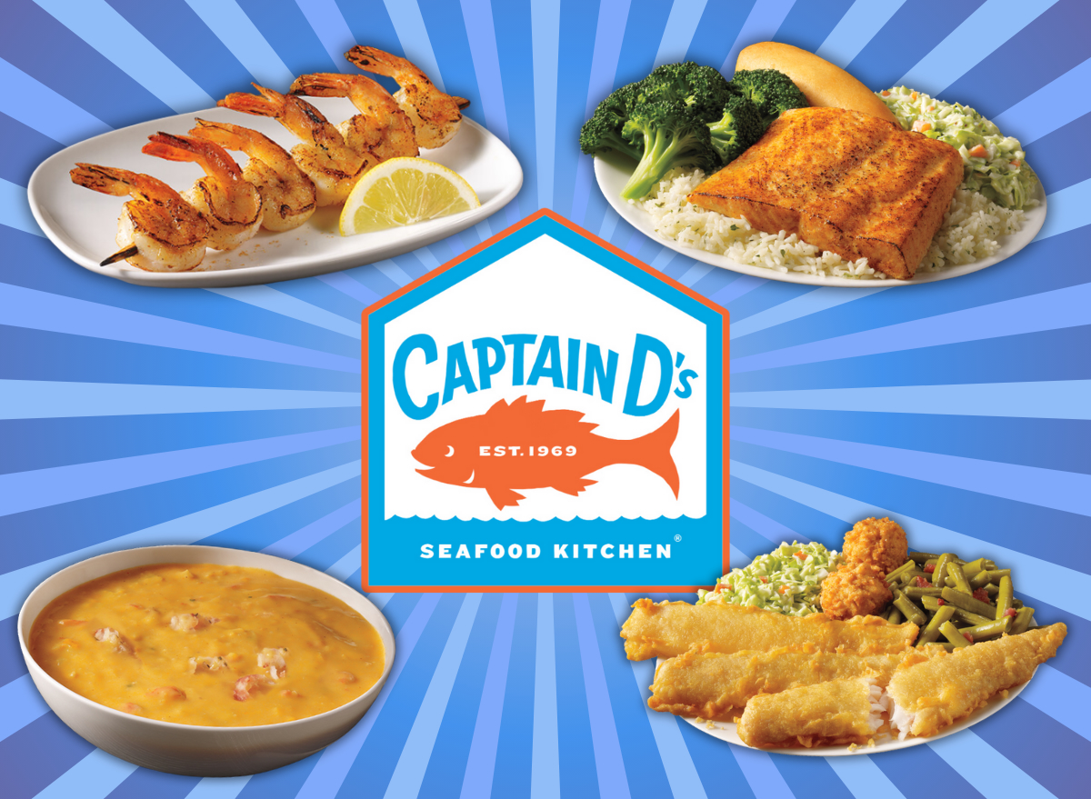 captain d's menu collage of four healthy options surrounding a restaurant logo