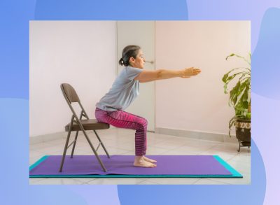 mature woman doing chair yoga exercise