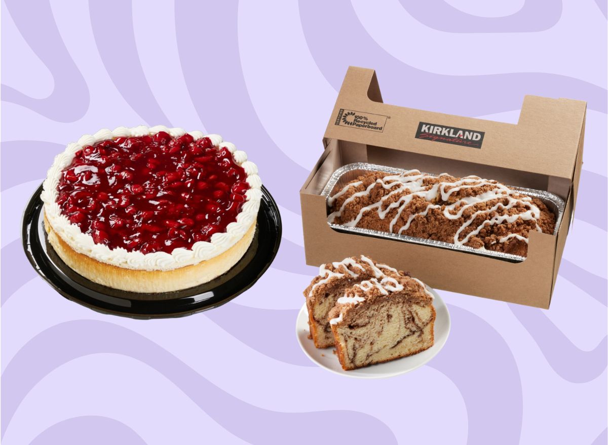 Costco's cherry topped cheese cake and cinnamon coffee cake set against a lavender background