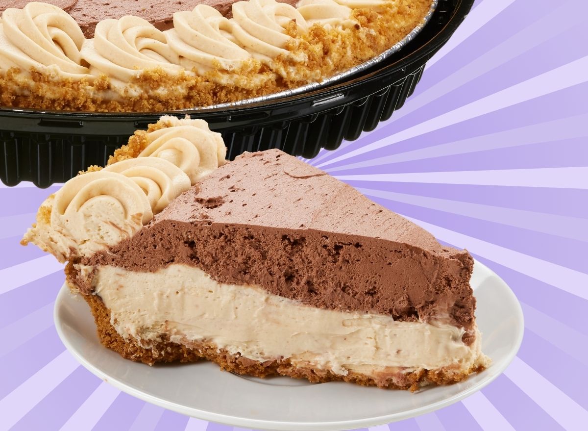 A slice of Costco's popular Peanut Butter Chocolate Pie set against a vibrant background.