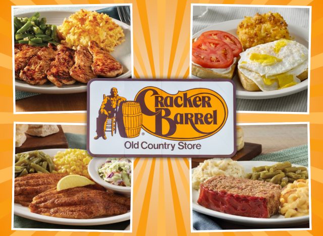 collage of low-calorie cracker barrel menu items around a restaurant logo