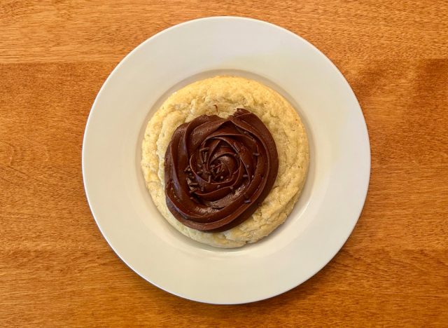 Crumbl's Chocolate Cupcake Cookie on a white plate