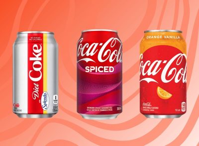 discontinued coca-cola flavors set against a red background