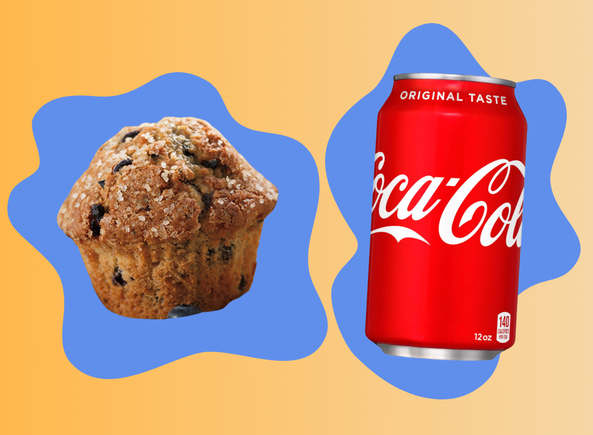 collage of dunkin blueberry muffin and a can of coca cola