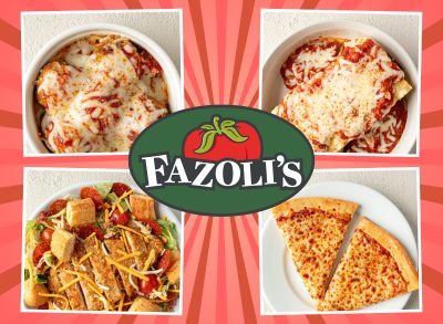 fazolis menu collage of four items surrounding restaurant logo