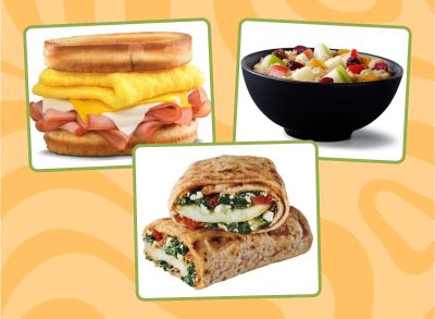 a collage of healthy fast-food breakfasts on a designed background