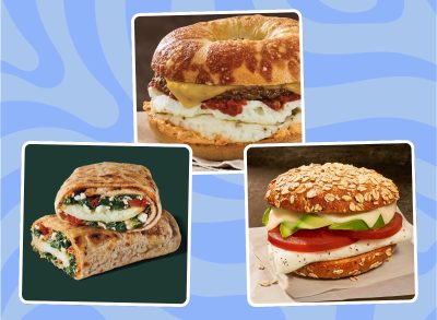 high protein fast food breakfast orders collage on a blue wavy background