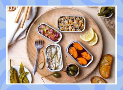 a photo of healthy processed foods on a countertop with a designed blue border around it