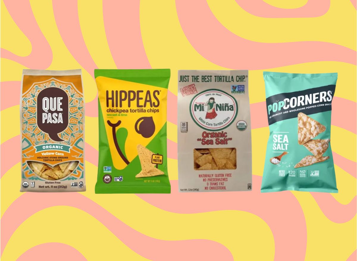 a collage of healthy tortilla chip brands on a swirly designed background