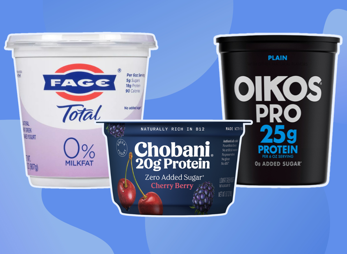 healthy high protein yogurt collage of three brands on blue background