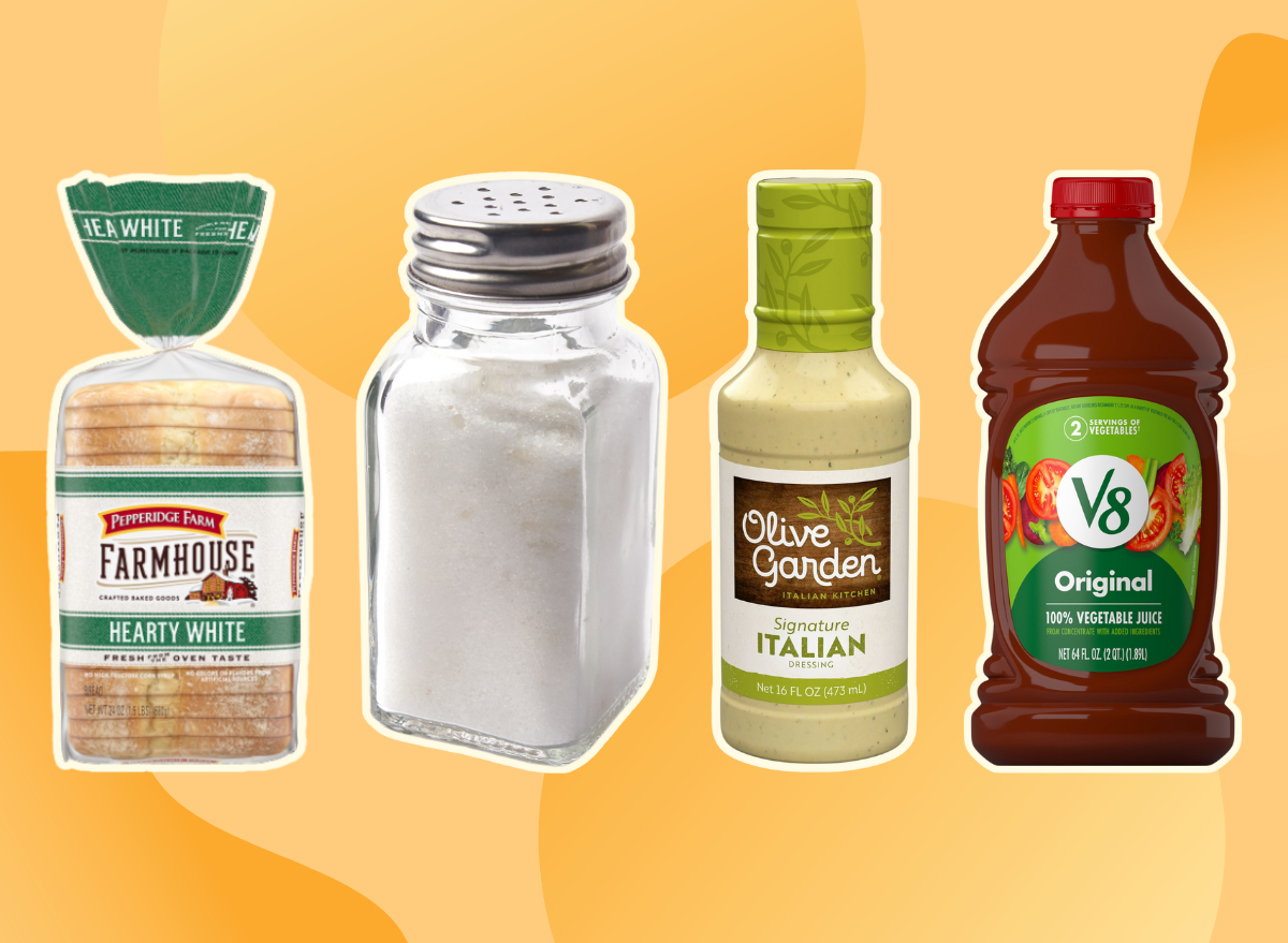 high sodium groceries white bread salt shaker salad dressing and v8