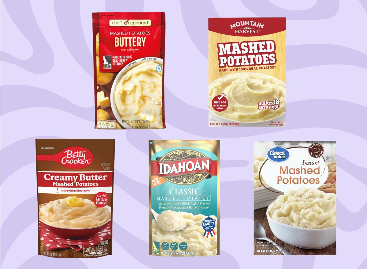 Five packets of instant mashed potatoes on a graphic purple background