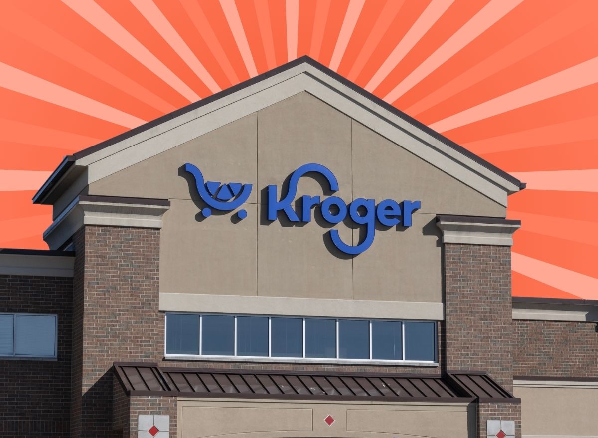 Kroger storefront set against a designed red background