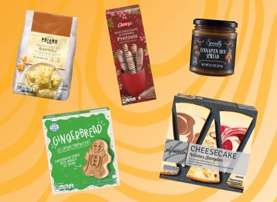 Five Aldi products on a graphic background