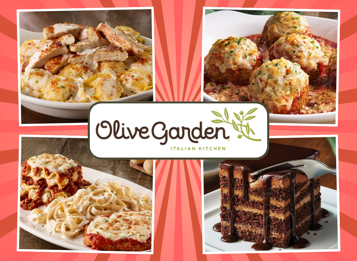 collage of four unhealthy olive garden menu items on a red background