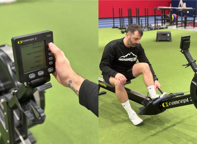 getting set up on a rowing machine, split image