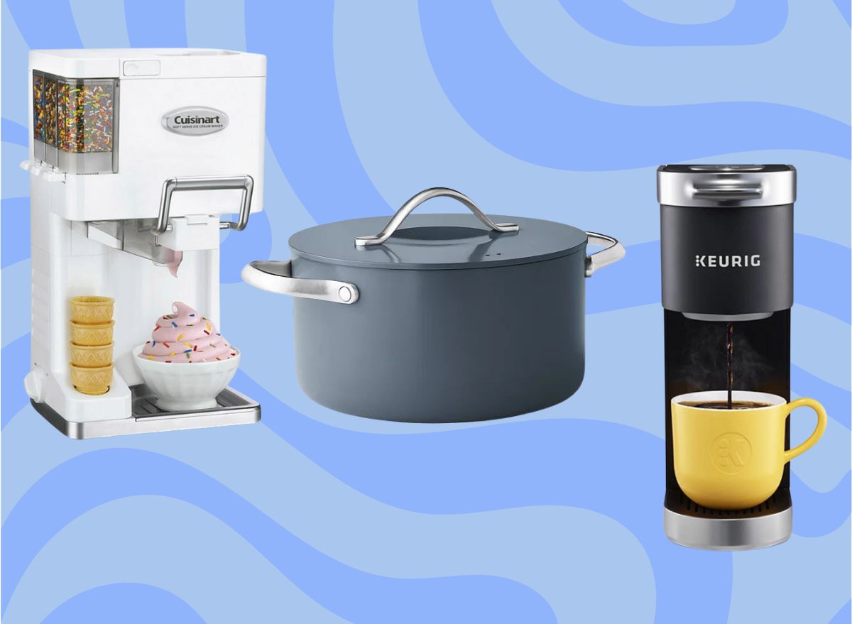 Cuisinart ice cream maker, Member's Mark pot, and Keurig machine set against a designed blue background