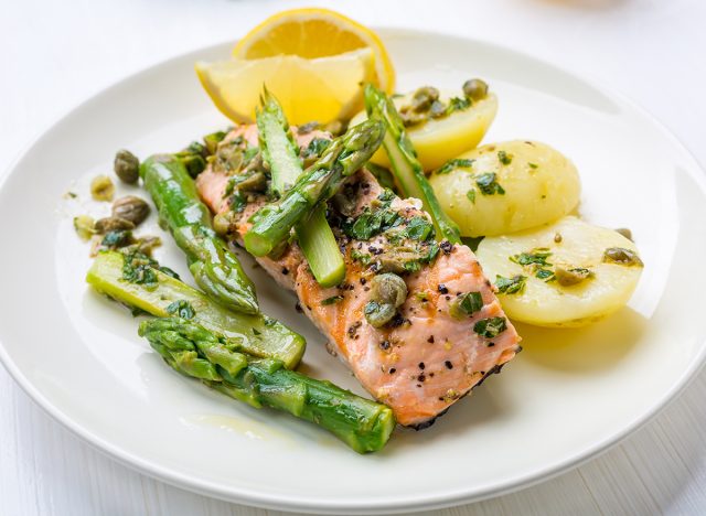 Grilled Salmon with Asparagus and New Potato in Lemon, Parsley and Capers Vinaigrette