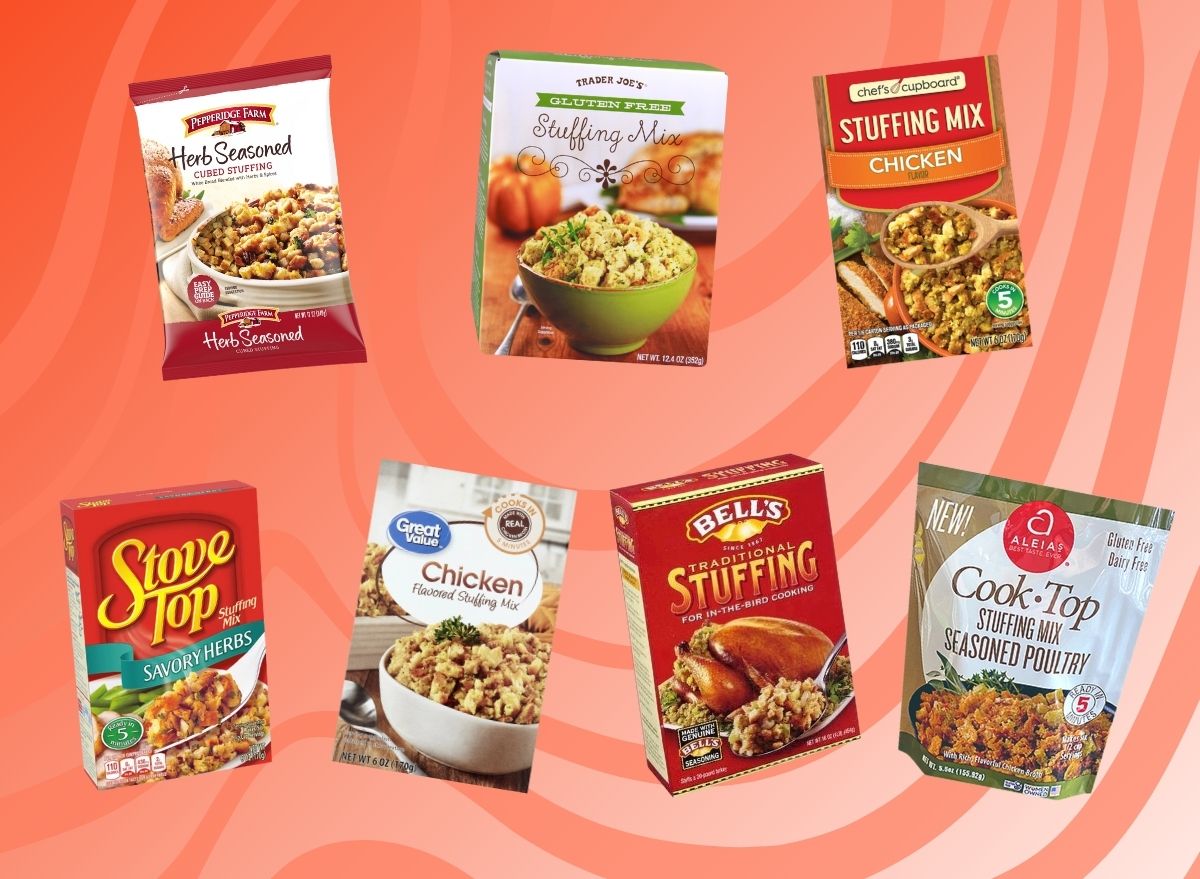 seven boxes of stuffing mix on a graphic background