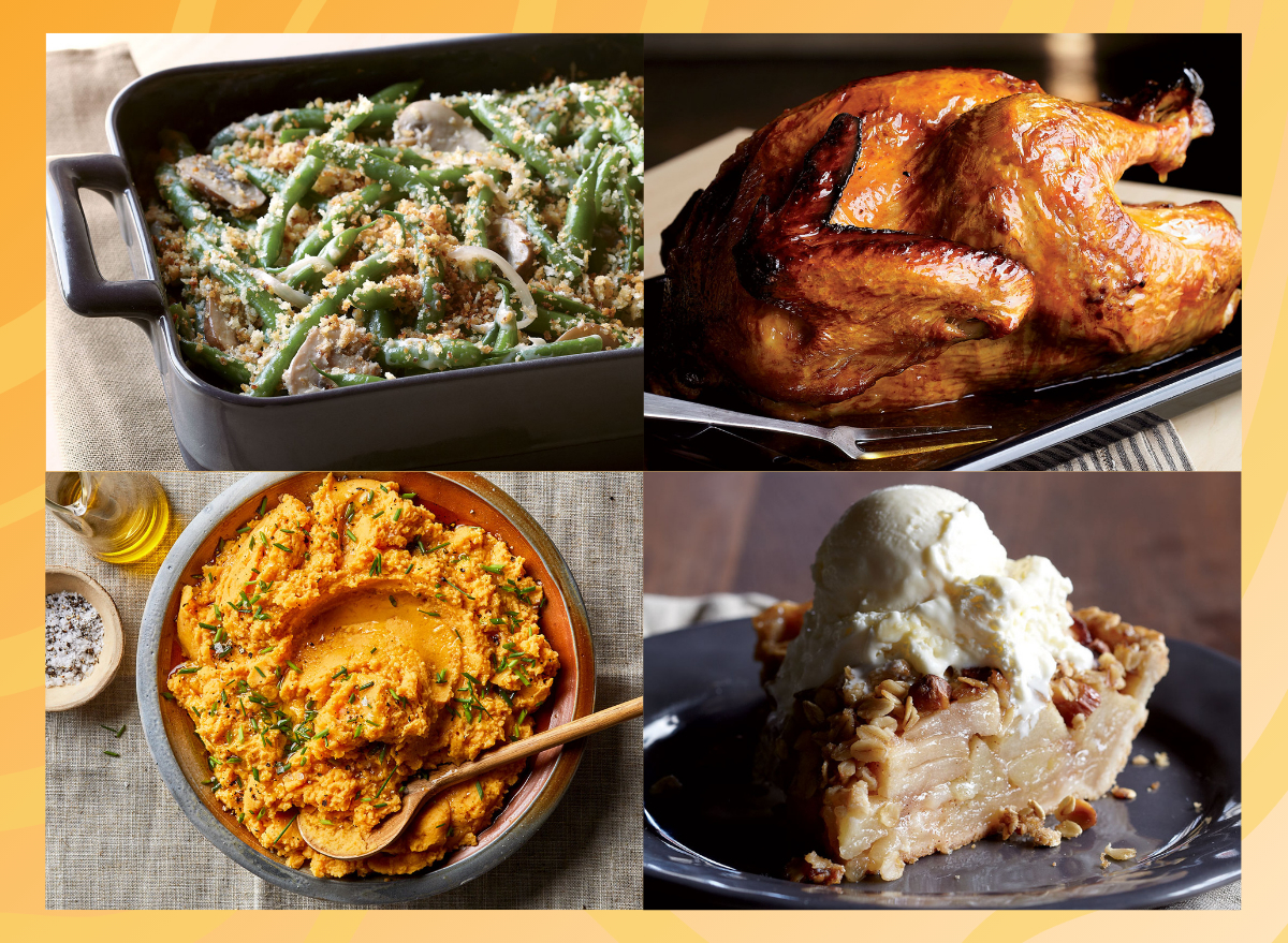 Thanksgiving recipes of green bean casserole turkey sweet potato mash and apple pie collage