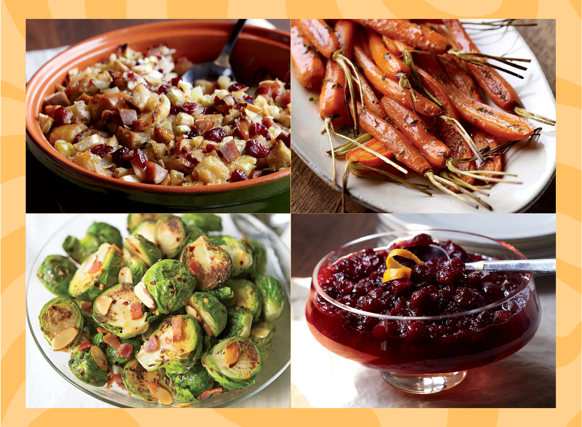 collage of four thanksgiving side dishes stuffing brussels sprouts carrots and cranberry sauce