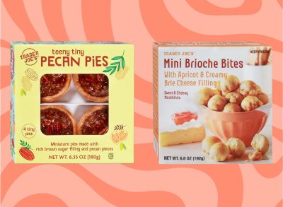 Trader Joe's Teeny Tiny Pecan Pies and Mini Brioche Bites set against a designed red background