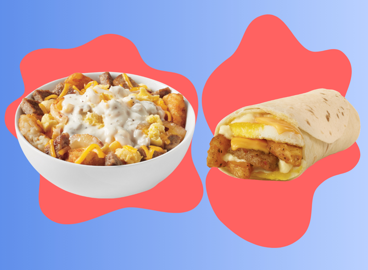 a fast food breakfast bowl and burrito on a designed blue and red background