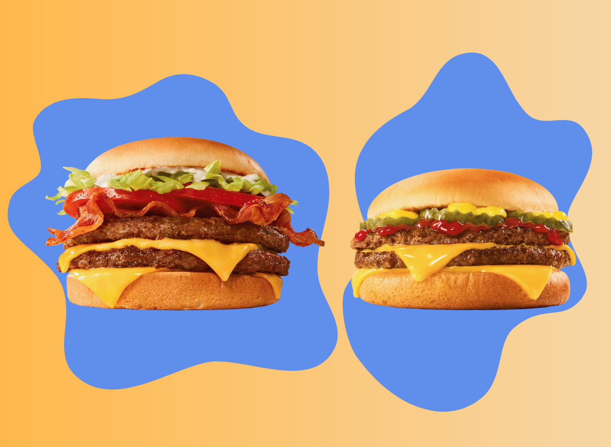 side by side of two sonic cheeseburgers on a designed blue and orange background