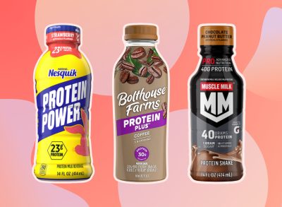 unhealthiest protein shakes collage of three bottles on a red background