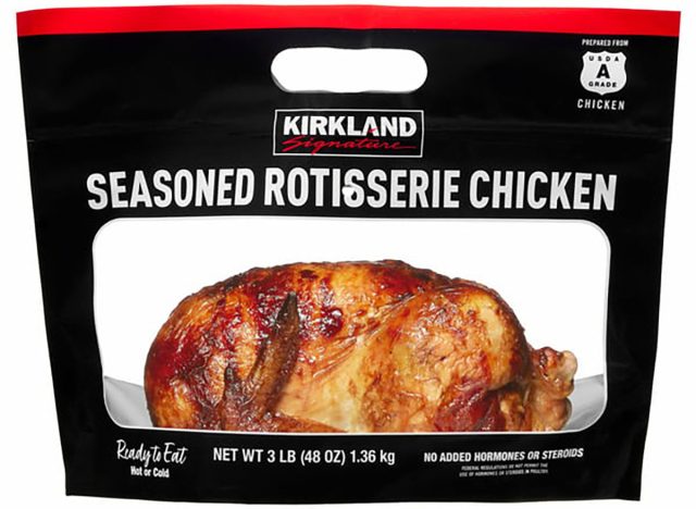 A Costco rotisserie chicken packaged in a plastic bag instead of the traditional clamshell container