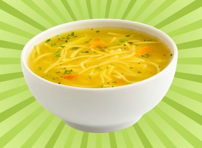 A bowl of chicken noodle soup set against a vibrant background.