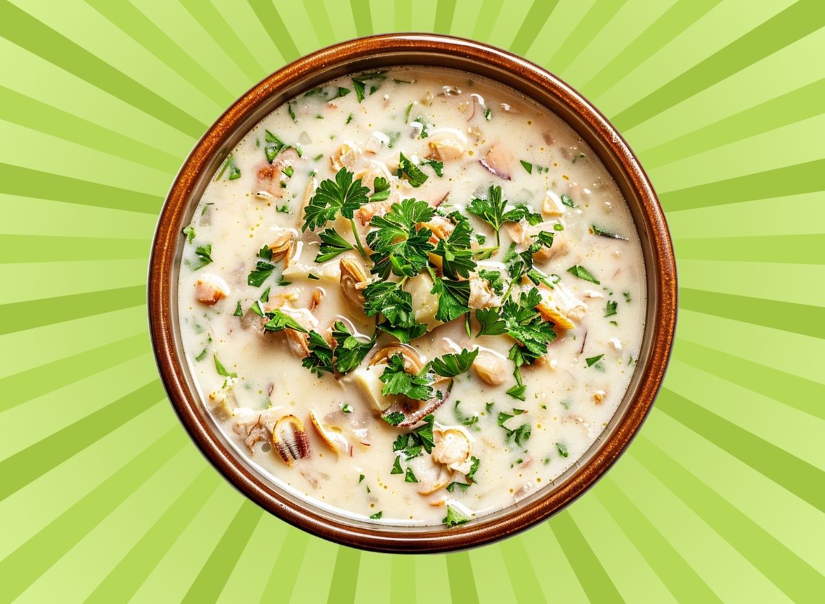 A bowl of clam chowder set against a vibrant background