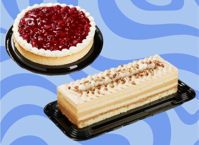 The cherry-topped cheesecake and Maple Butter Pecan Bar Cake from Costco set against a swirly blue background