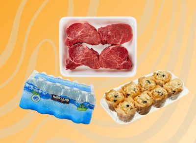 Costco ribeye, water bottles, and muffins on colorful orange-yellow background