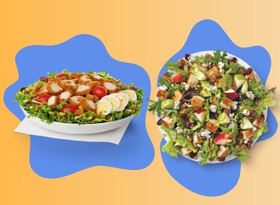 Fast-food salads from Wendy's and Chick-fil-A set against a colorful background.