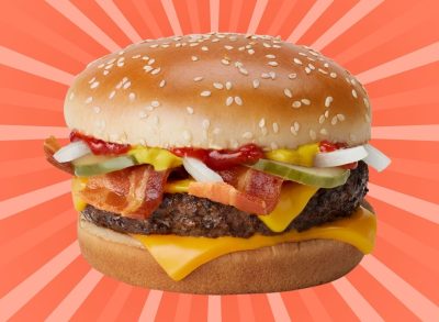 McDonald's Bacon Quarter Pounder set against a vibrant background.