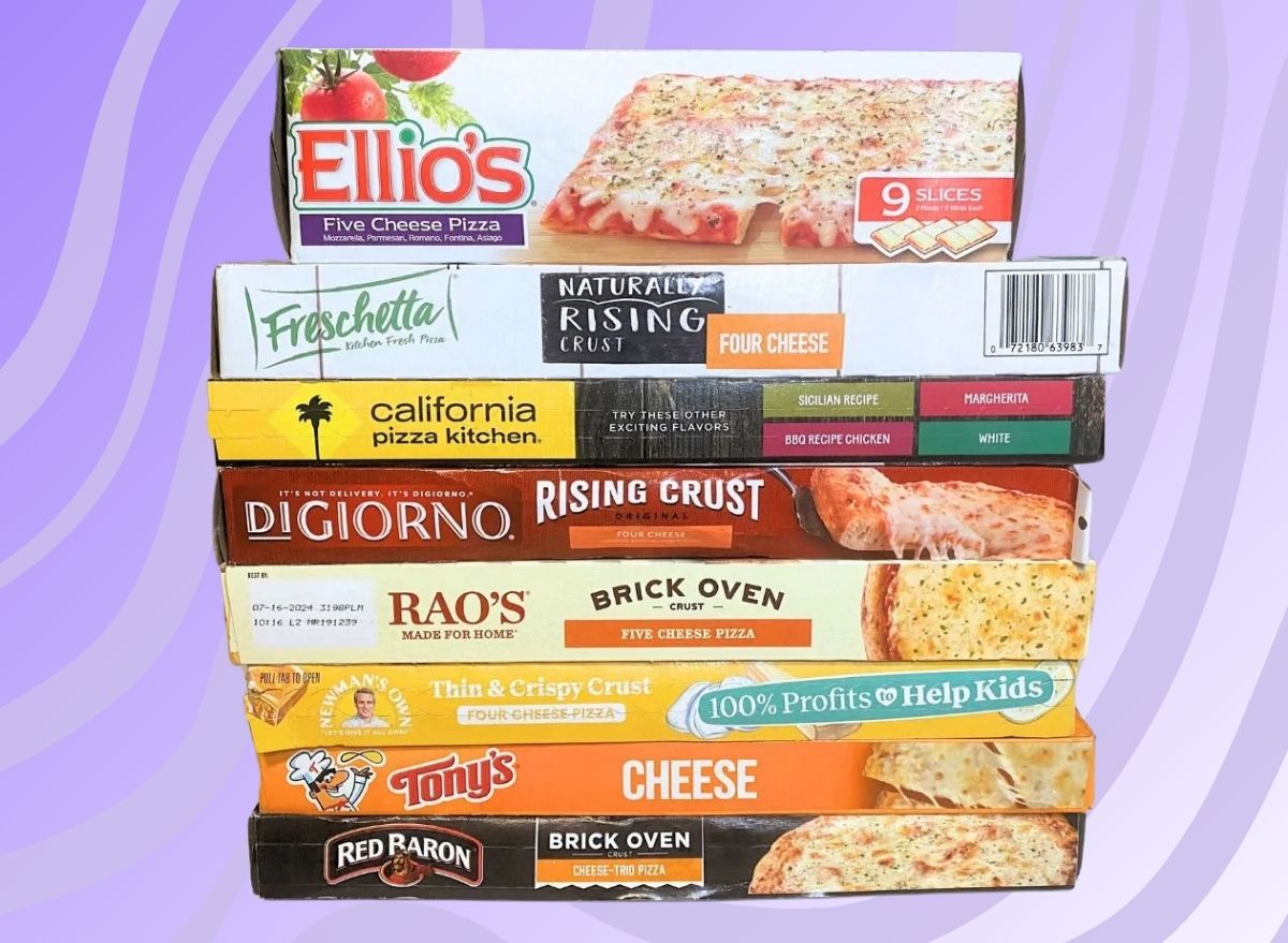 Frozen cheese pizza boxes against a graphic background