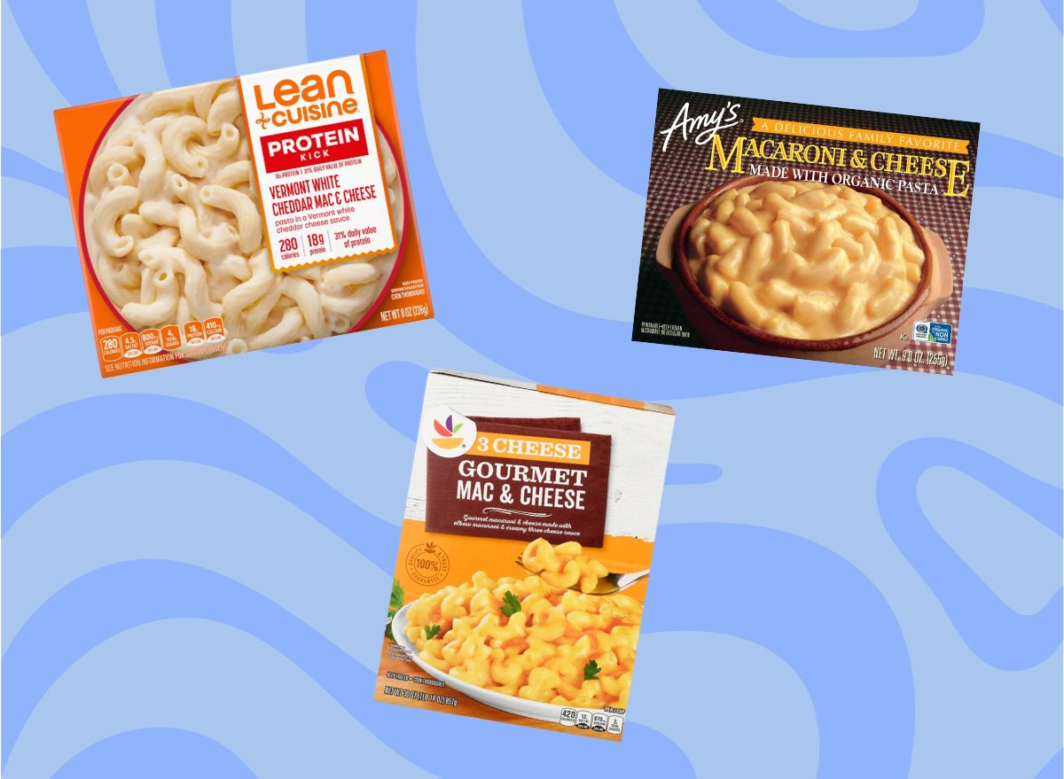 Three frozen mac and cheese boxes on a graphic background