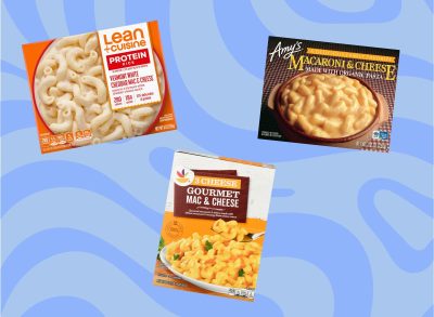 Three frozen mac and cheese boxes on a graphic background