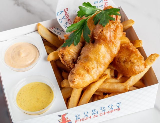 The signature fried fish and french fries from Gordon Ramsay Fish & Chips