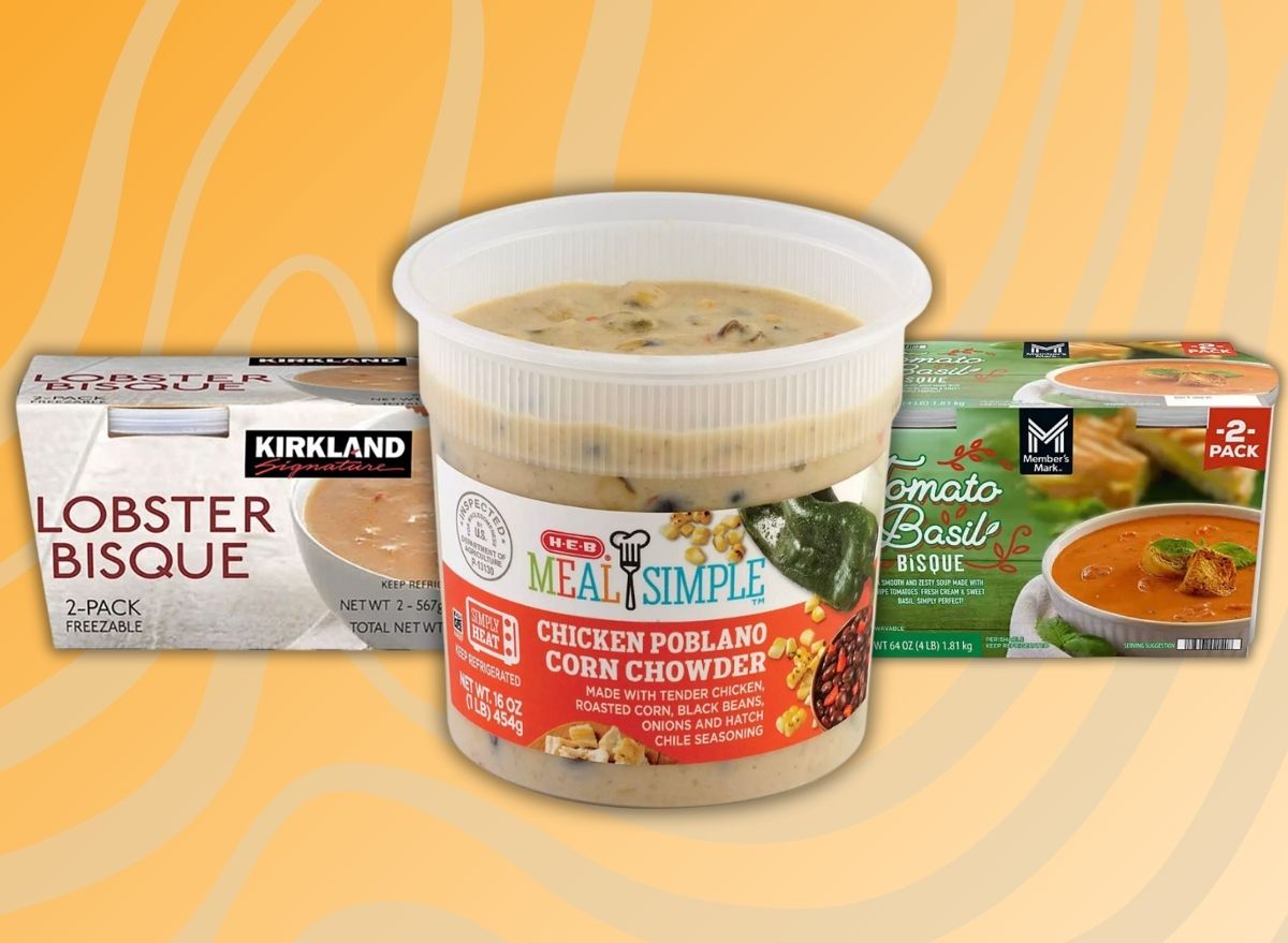 A trio of popular ready-to-heat soups from major grocery chains set against a vibrant background.